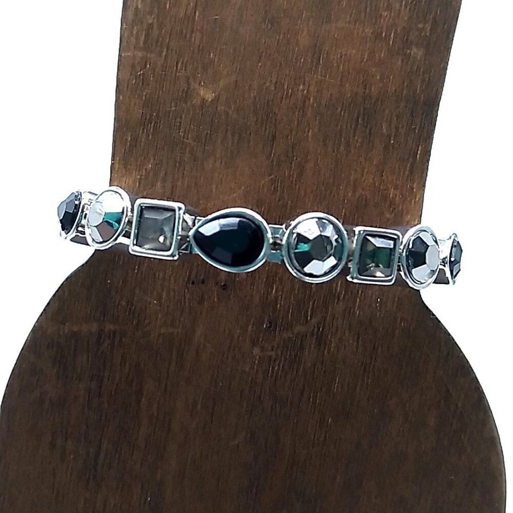 Bezel-set Faceted Crystal Stackable Silver-tone Bangle Bracelet Magnetic Clasp